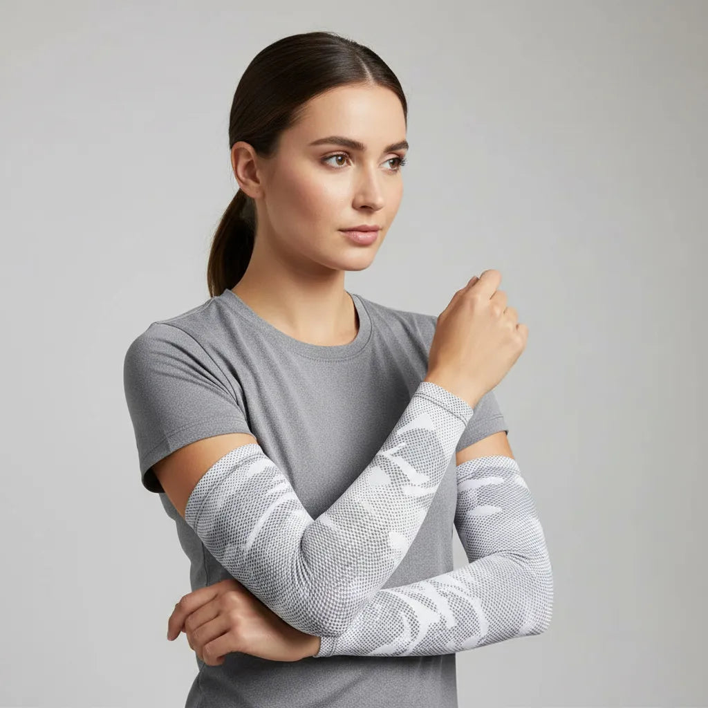 Model in grey camo cooling UV arm sleeves; lightweight, moisture-wicking sun sleeves — Sportive Lives Canada