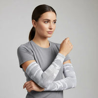 Model in grey camo cooling UV arm sleeves; lightweight, moisture-wicking sun sleeves — Sportive Lives Canada