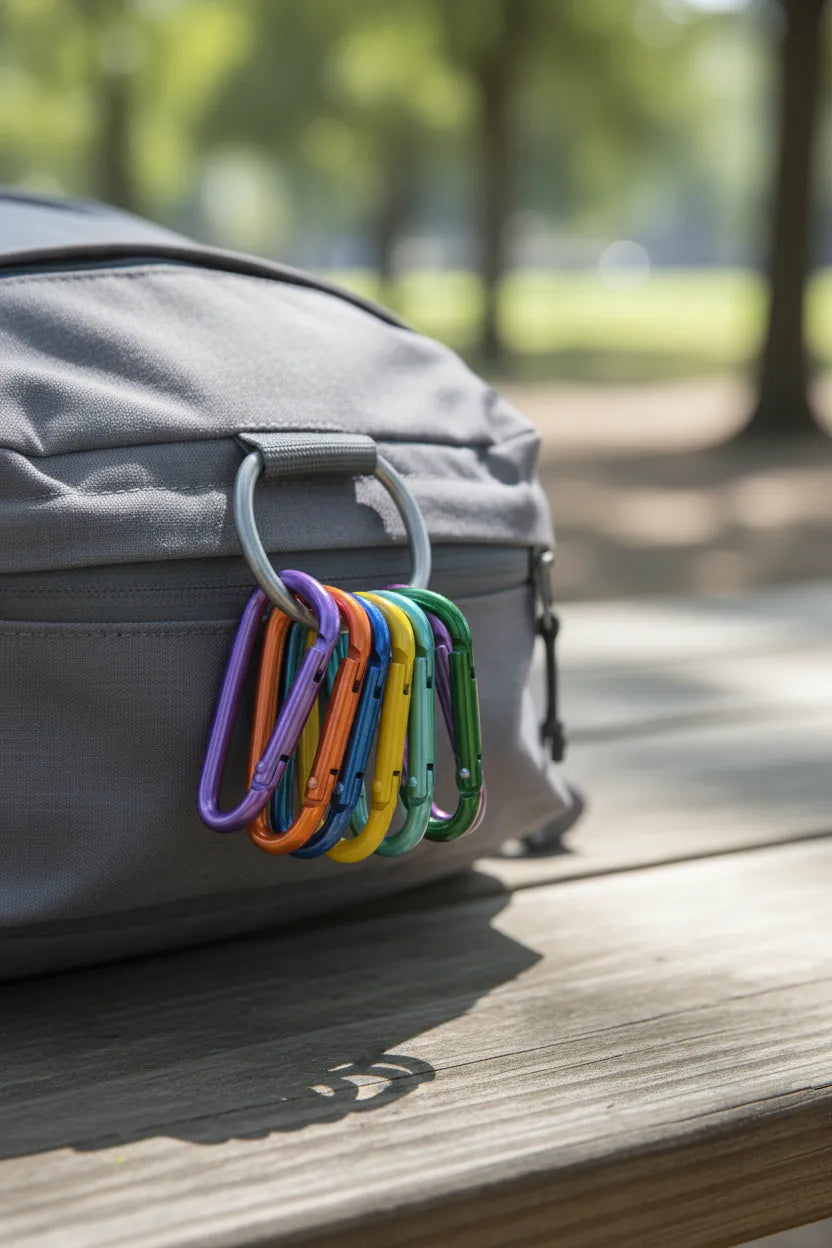 Multicolor decorative carabiner keychains clipped to a backpack D-ring—bag charm and keychain accessory for everyday carry, Sportive Lives Canada; decorative only, not for climbing.
