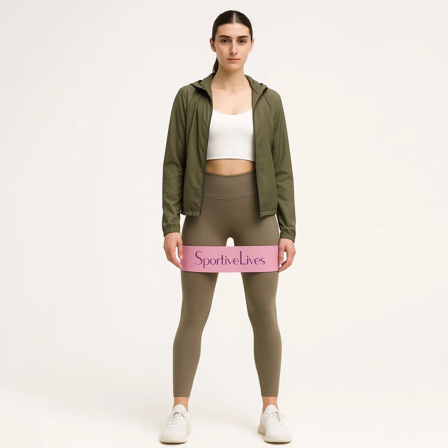 Front view of a woman standing with a Sportive Lives pink fabric resistance band positioned above the knees, showcasing comfortable fit and strength training usage, fitness model image for Canadian resistance band market