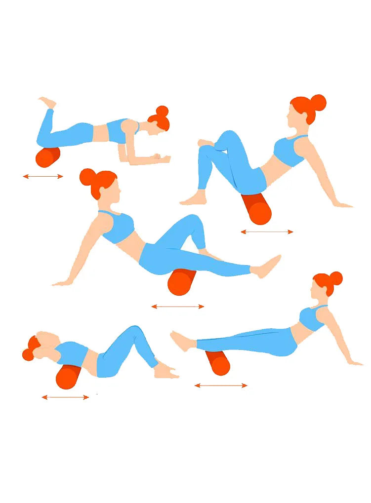 Illustration of foam roller exercises for muscle massage including quad massage, glutes release, hamstring release, thoracic extension, and calf massage, recommended for yoga and fitness in Canada by Sportive Lives.