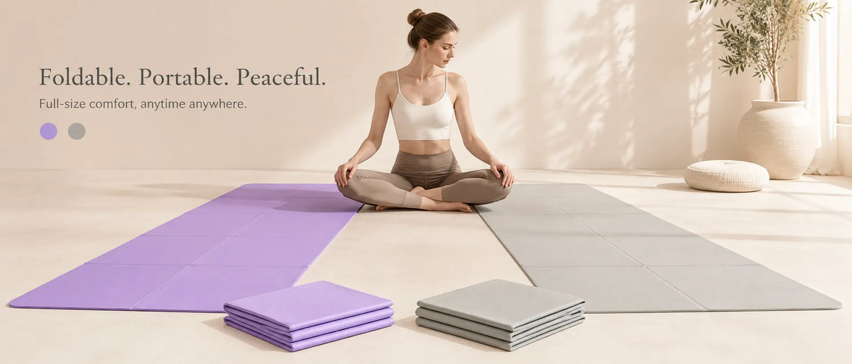 Sportive Lives foldable yoga mats in purple and grey, shown full size and folded for compact storage.