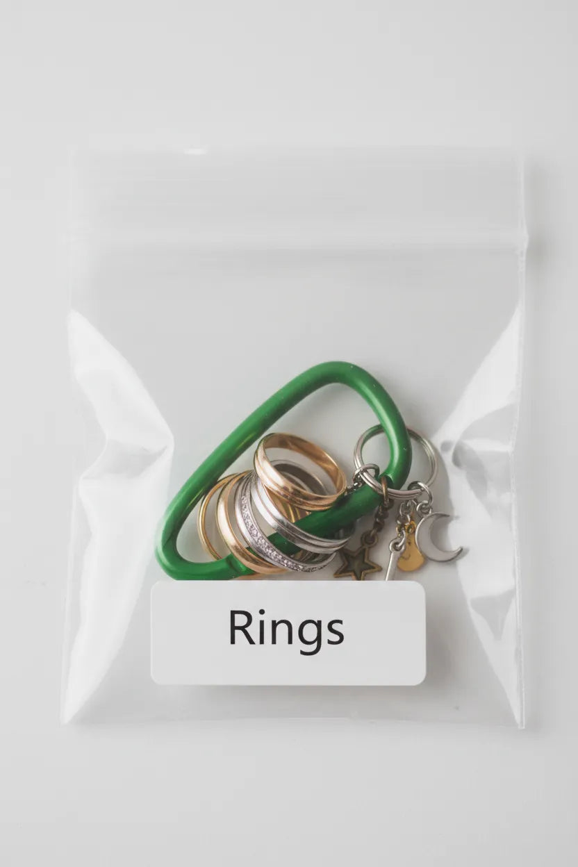 Green decorative carabiner used to group rings and small charms inside a labeled zip bag—portable jewelry organizer and key ring clip by Sportive Lives Canada; not for climbing.