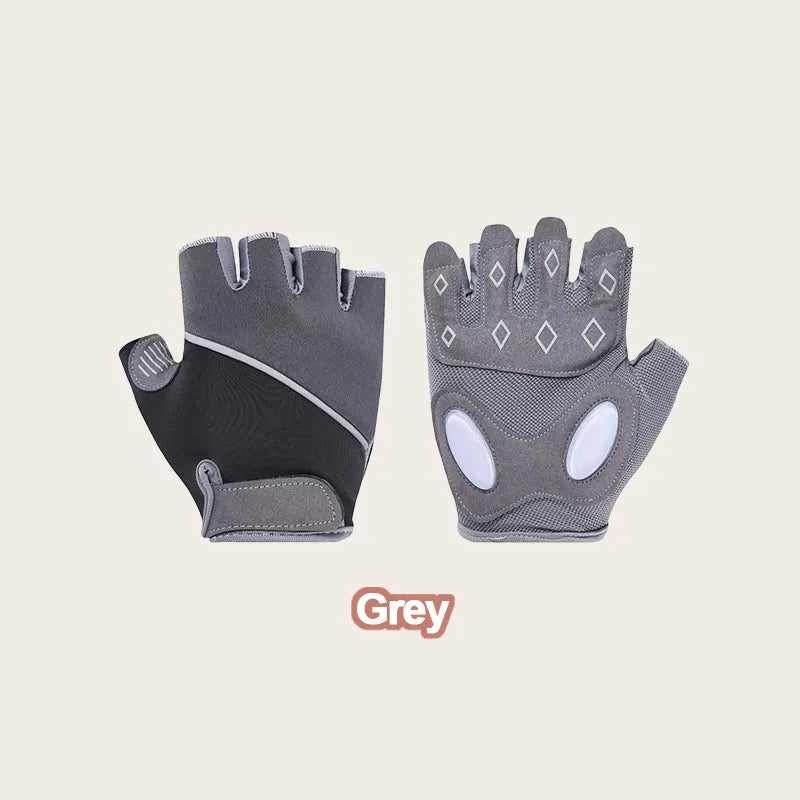 Dark grey fingerless workout gloves with anti-slip palm and reflective details