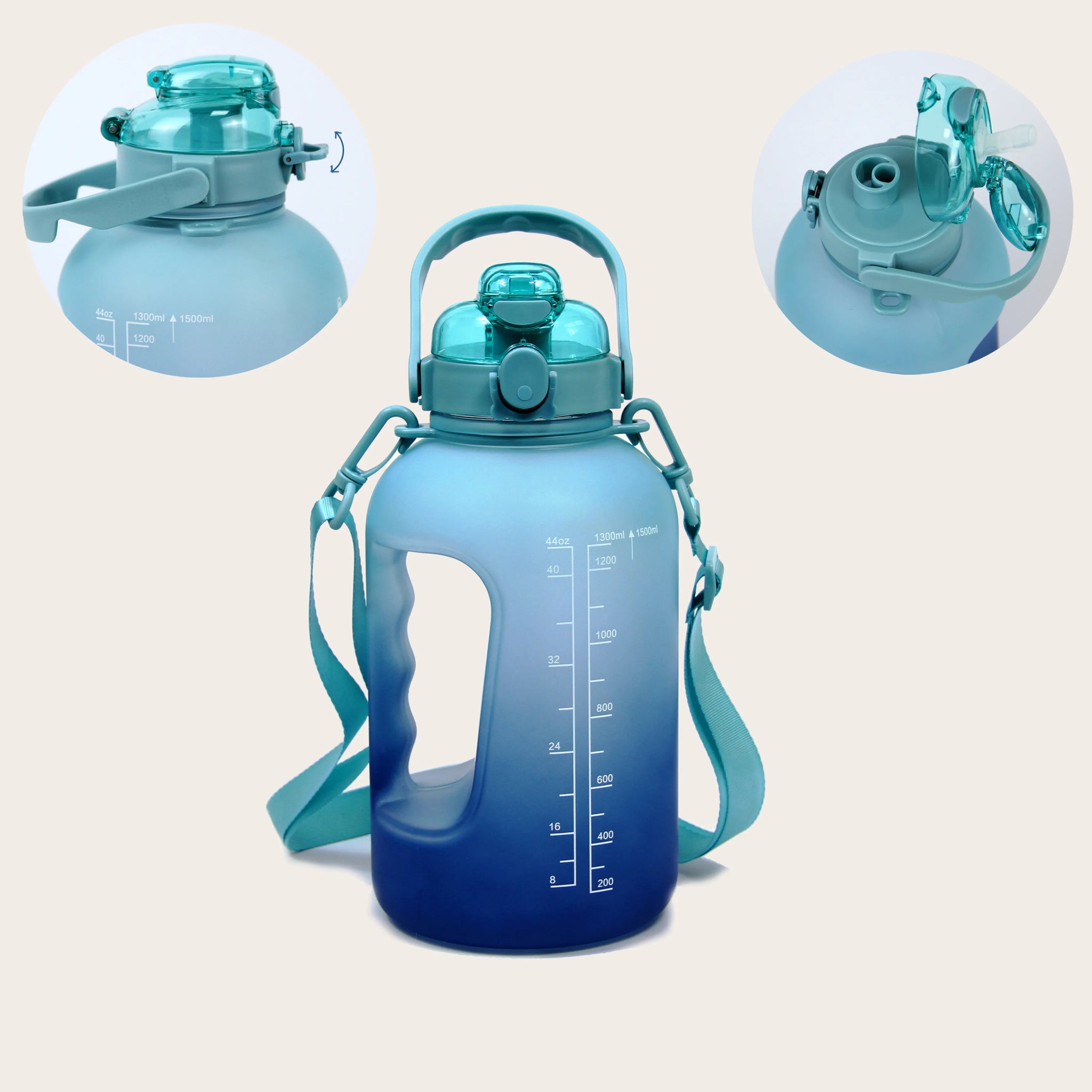 Sportive Lives GYM Bottle P150 in Navy & Blue, 1500ml capacity. Ergonomic design with leak-proof straw lid, perfect for hydration during workouts in Canada.