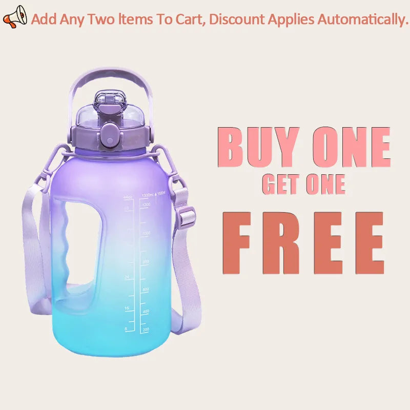 SPORTIVE LIVES GYM Bottle P150 in purple and blue gradient, 1.5L large capacity water jug with straw and handle, displayed in buy one get one free promotion in Canada.