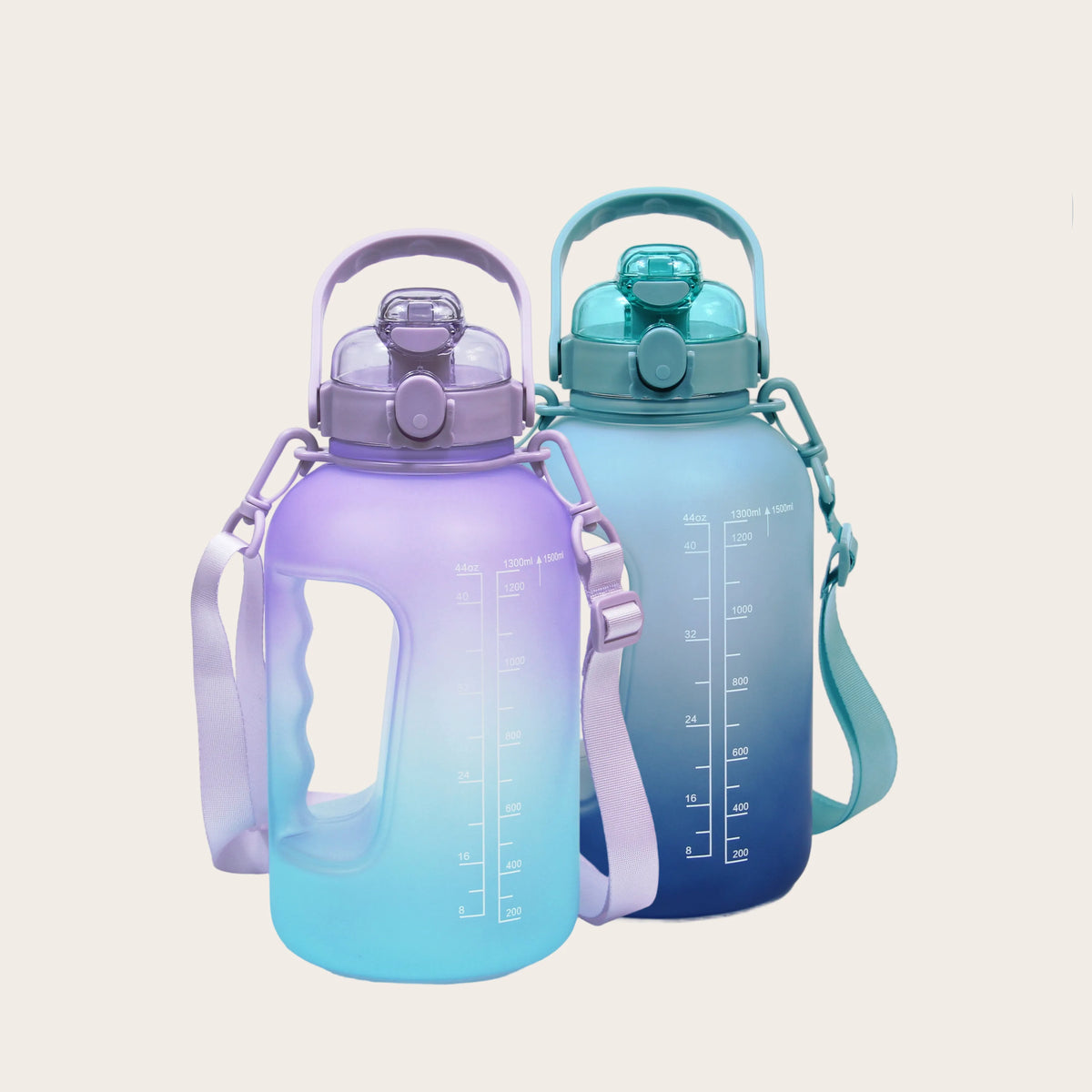 Set of Sportive Lives 1.5L gym water bottles in purple cyan and navy blue gradient colors, featuring time markers, straw lid, and ergonomic handle, designed for hydration on the go in Canada