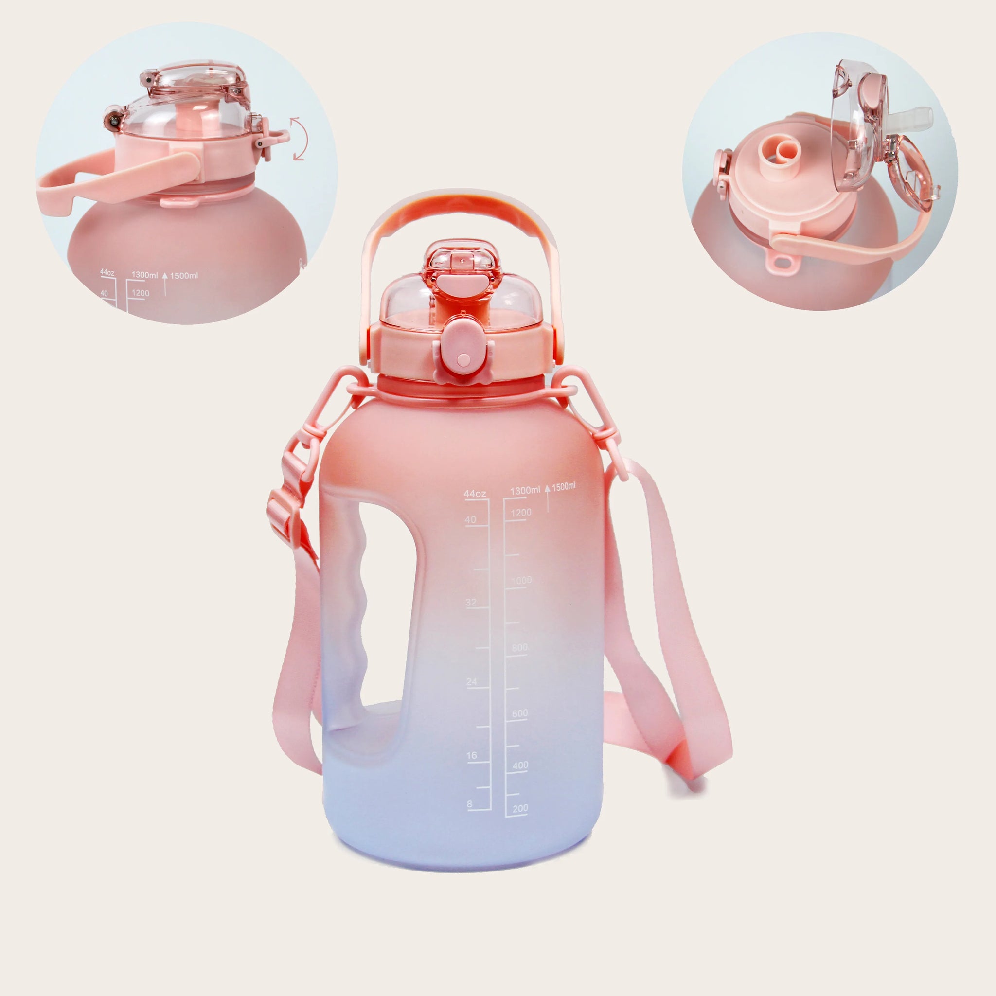 Sportive Lives GYM Bottle P150 in Salmon & White, 1500ml large capacity. Leak-proof, portable, and designed for hydration on the go in Canada.