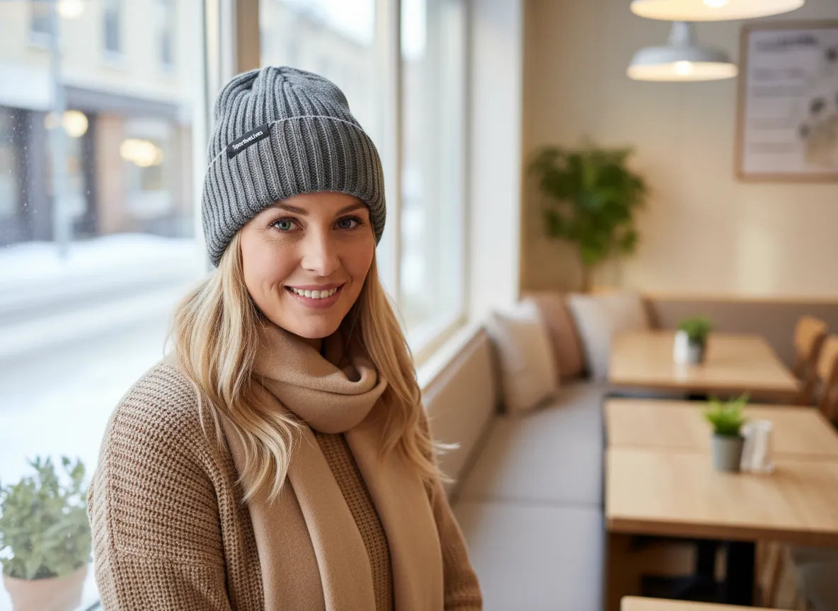 Woman in Sportive Lives charcoal grey high rib-knit cuffed beanie, cozy café setting; soft warm winter hat, unisex 56–58 cm.