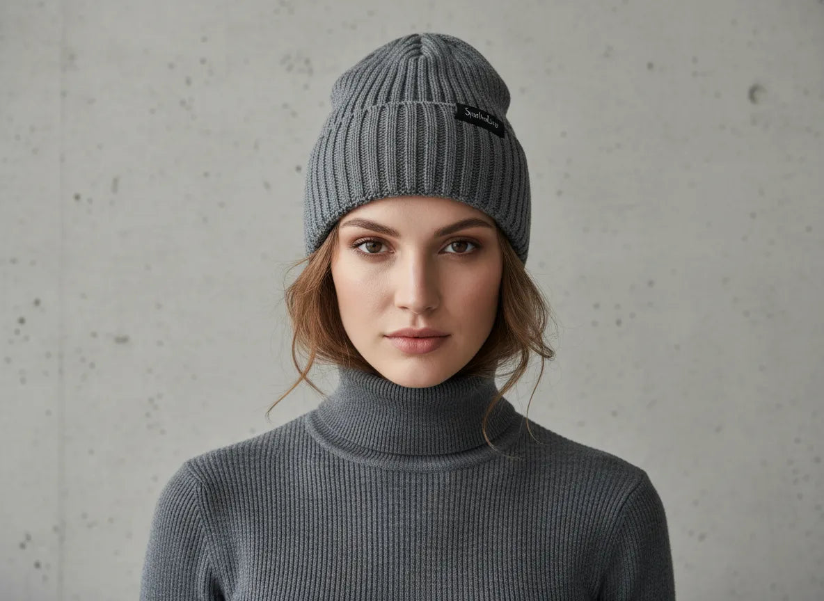 Woman wearing charcoal grey high rib-knit cuffed beanie (toque) by Sportive Lives; warm acrylic blend, unisex one size 56–58 cm.