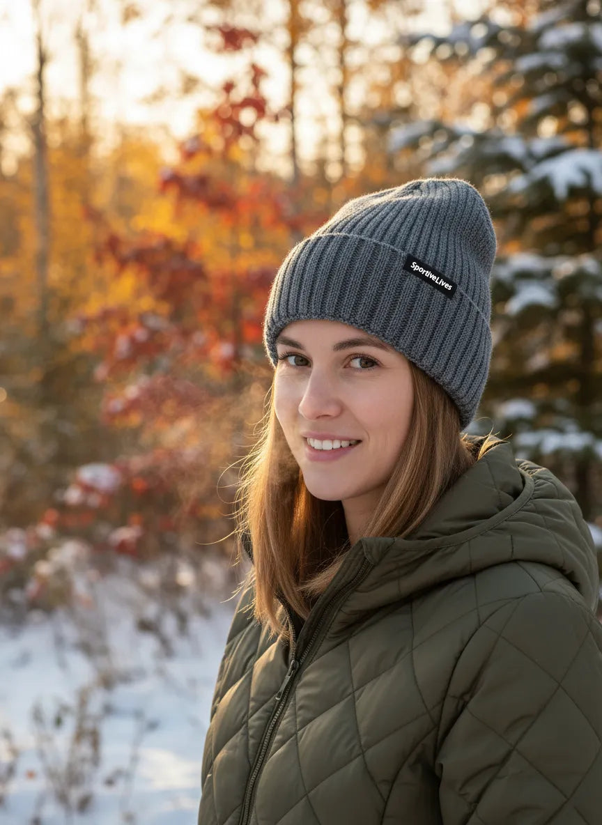 Sportive Lives charcoal grey high rib-knit cuffed beanie on woman in snowy forest; warm everyday winter toque with fold-over cuff.