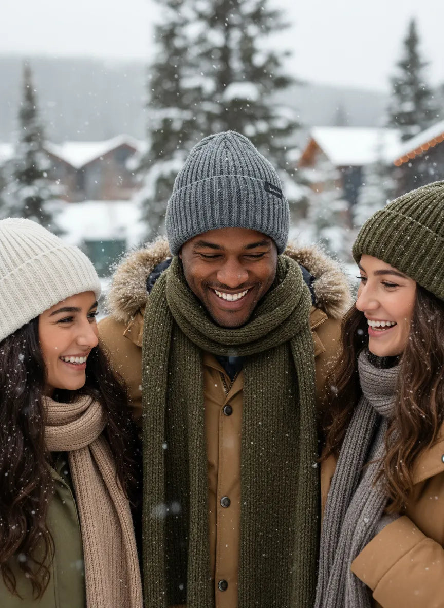 Friends outdoors in snowfall wearing rib-knit cuffed beanies; focus on Sportive Lives charcoal grey toque—warm winter hat for Canada.