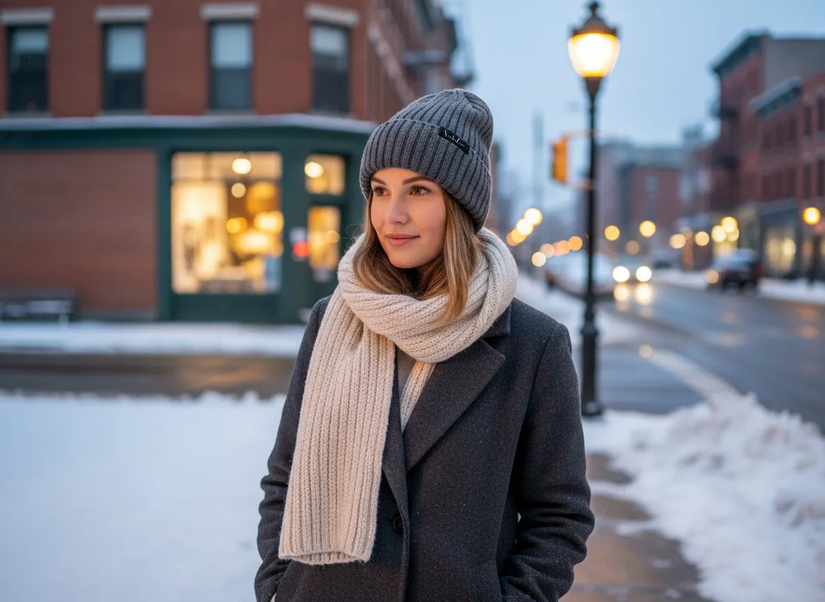 Woman on a snowy city street wearing a charcoal grey high rib-knit cuffed beanie (toque) by Sportive Lives with a cream scarf; warm one size 56–58 cm.