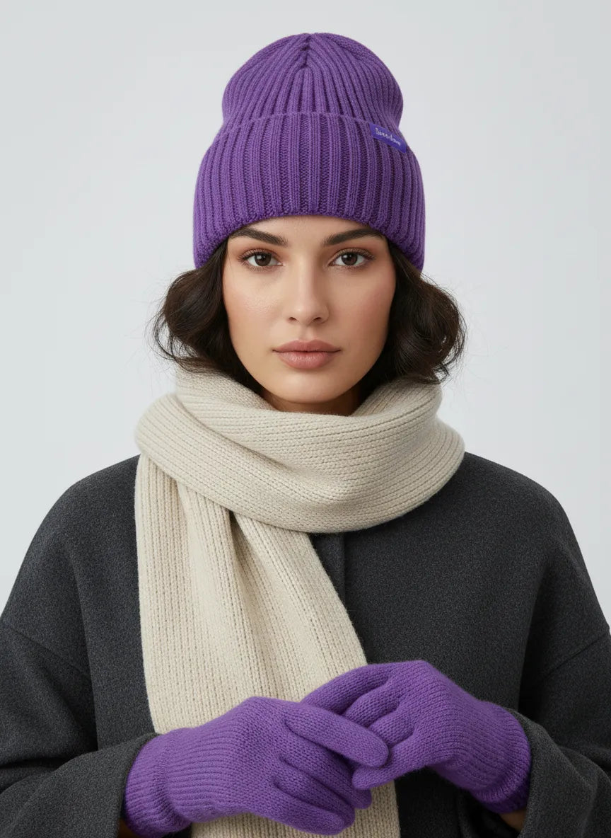 Woman wearing grape purple high rib-knit cuffed beanie (toque) by Sportive Lives with neutral scarf; cozy acrylic blend cold-weather hat.