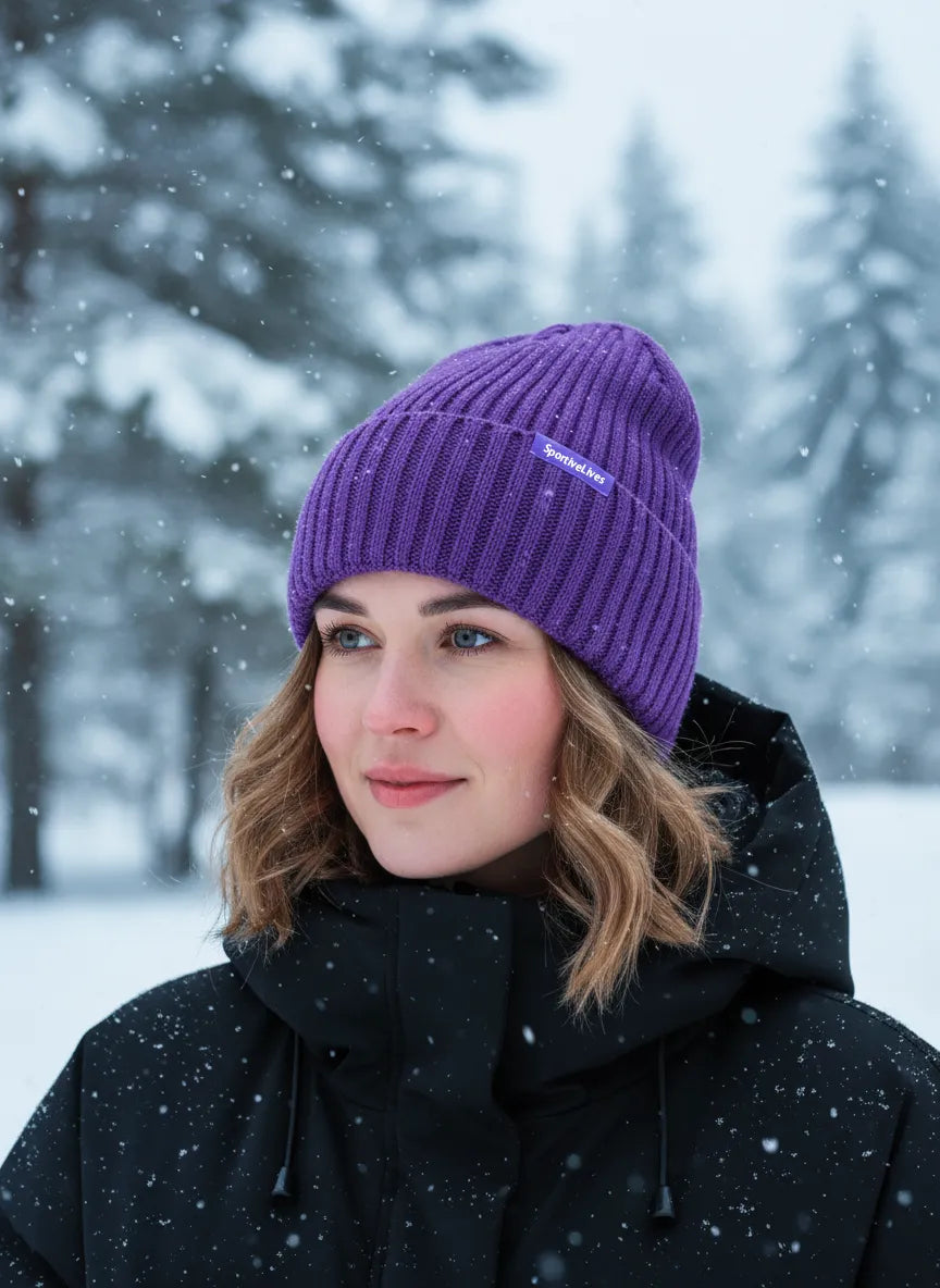 Outdoor portrait—woman in snowfall wearing grape purple high rib-knit cuffed beanie (toque) by Sportive Lives; warm acrylic-blend, one size 56–58 cm.