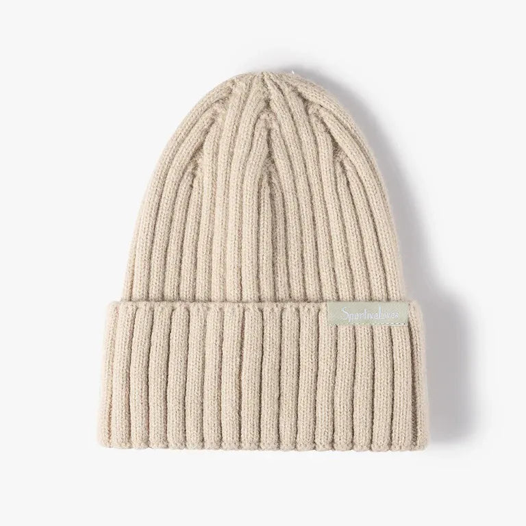 Sand beige high rib-knit cuffed beanie by Sportive Lives, soft warm winter hat, unisex one size 56–58 cm with fold-over cuff, Canada.