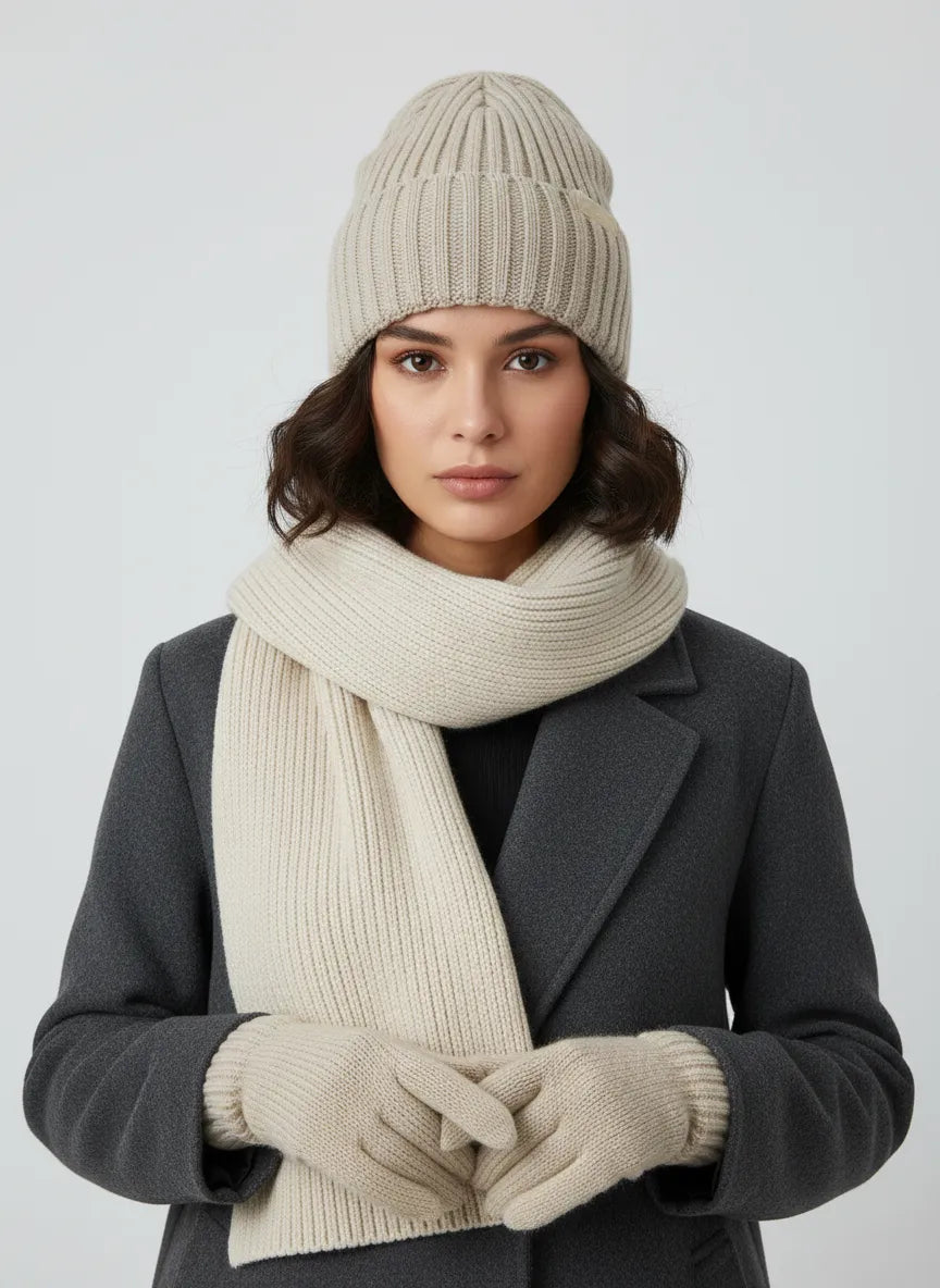 Woman wearing sand beige high rib-knit cuffed beanie by Sportive Lives with matching scarf and gloves; soft stretch acrylic winter knit hat.