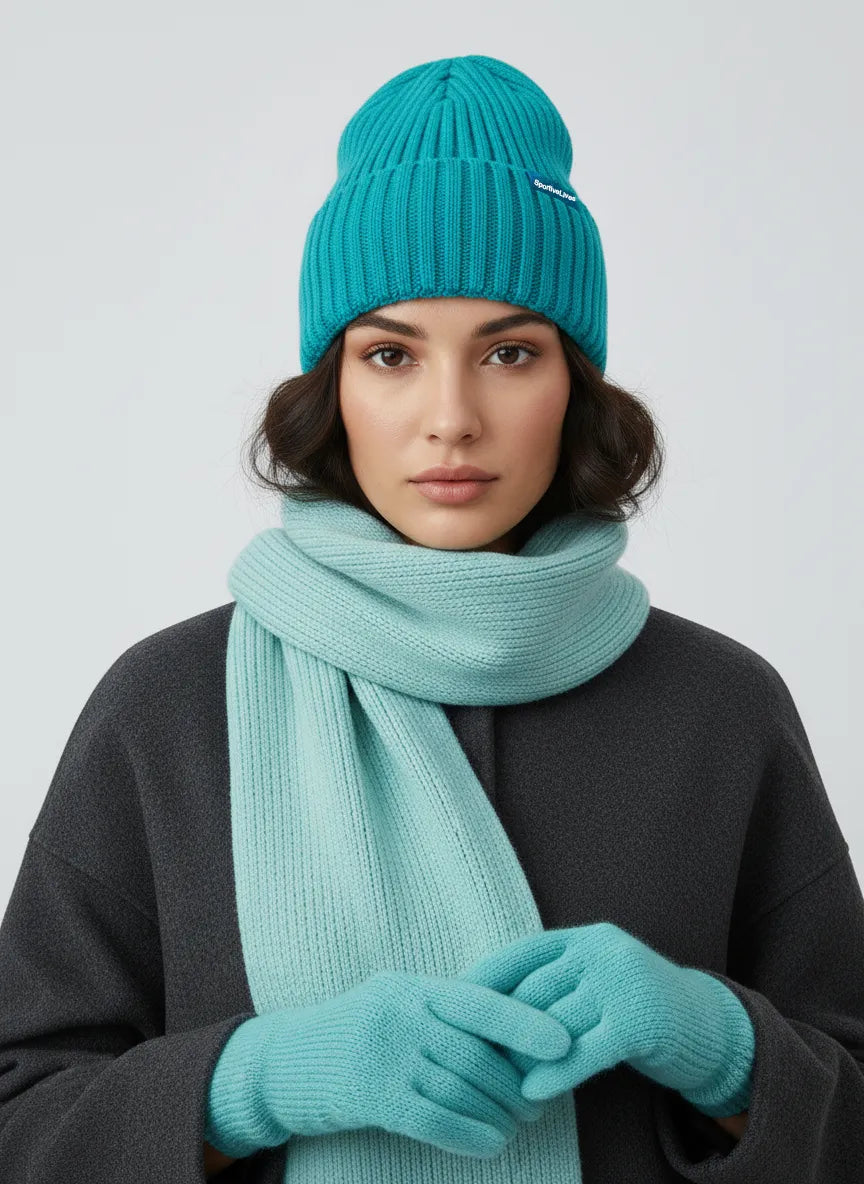 Woman in teal blue high rib-knit cuffed beanie by Sportive Lives with matching scarf and gloves; cozy winter hat, unisex 56–58 cm.