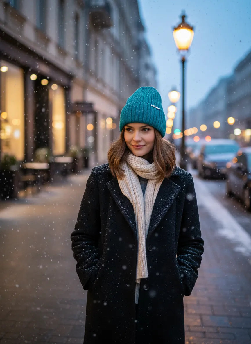 Woman wearing teal blue high rib-knit cuffed beanie by Sportive Lives, walking in light urban snow; warm winter toque, fold-over cuff.