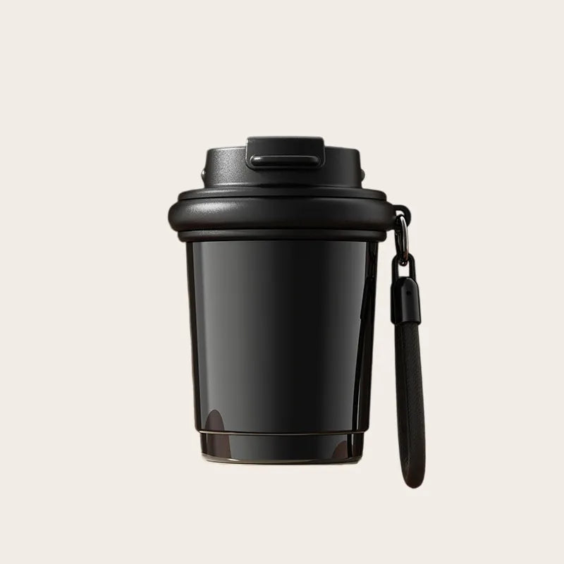Black insulated travel coffee mug 320ml, flip lid and wrist strap; compact reusable coffee cup – Sportive Lives