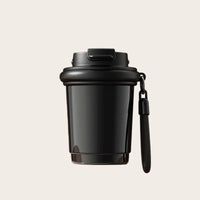 Black insulated travel coffee mug 320ml, flip lid and wrist strap; compact reusable coffee cup – Sportive Lives