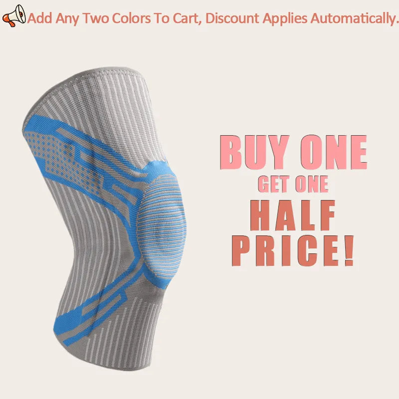 Sportive Lives grey and blue compression knee brace for joint support, buy one get one half price – breathable knitted fabric, Canada promotion