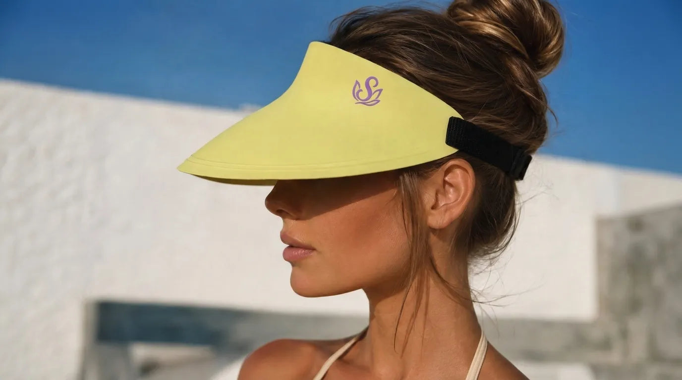 Woman wearing a lime Sportive Lives reversible sun visor outdoors for lightweight sun protection