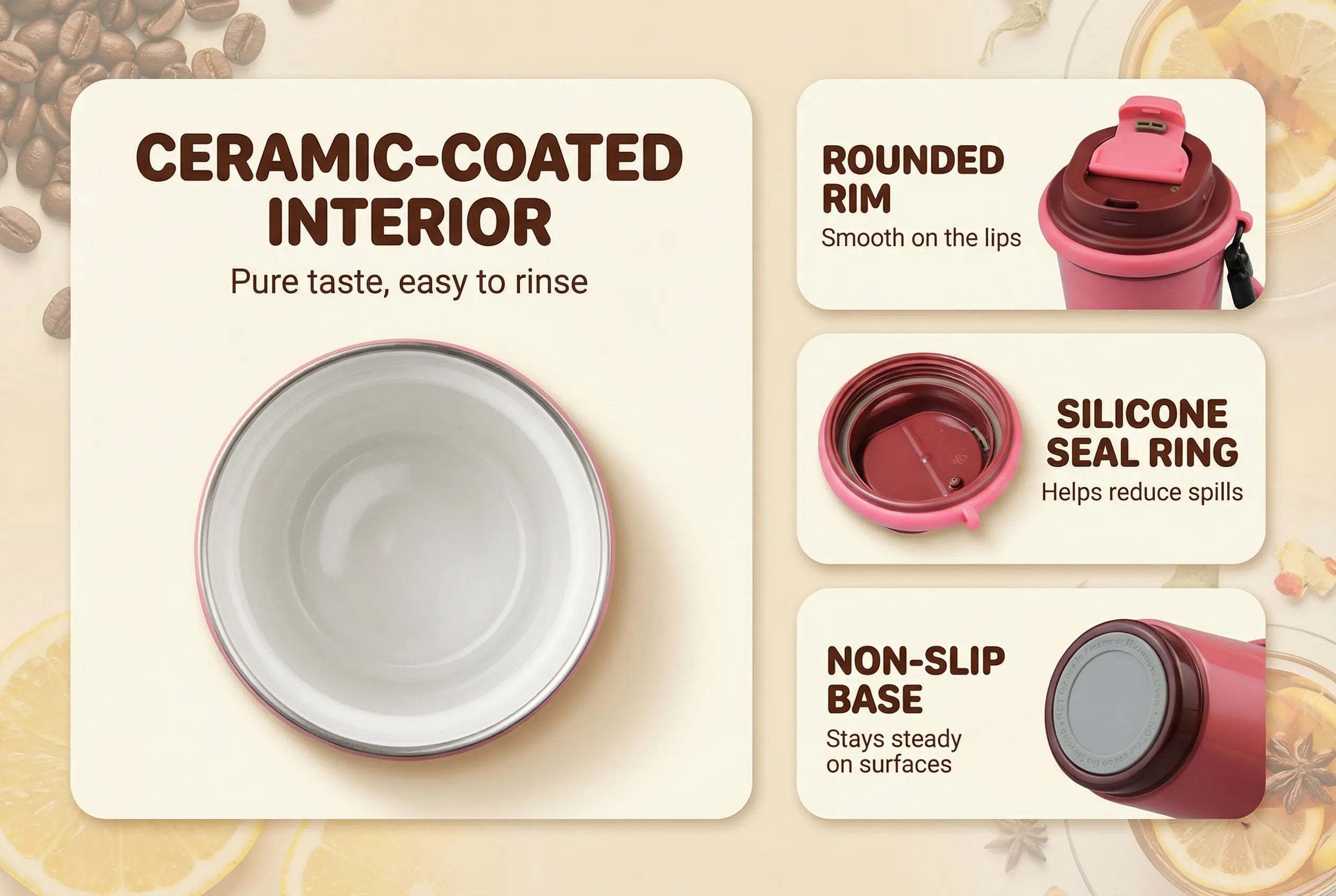 Sportive Lives pink Mini Coffee Mug feature guide showing ceramic-coated interior, rounded rim, silicone seal ring, and non-slip base