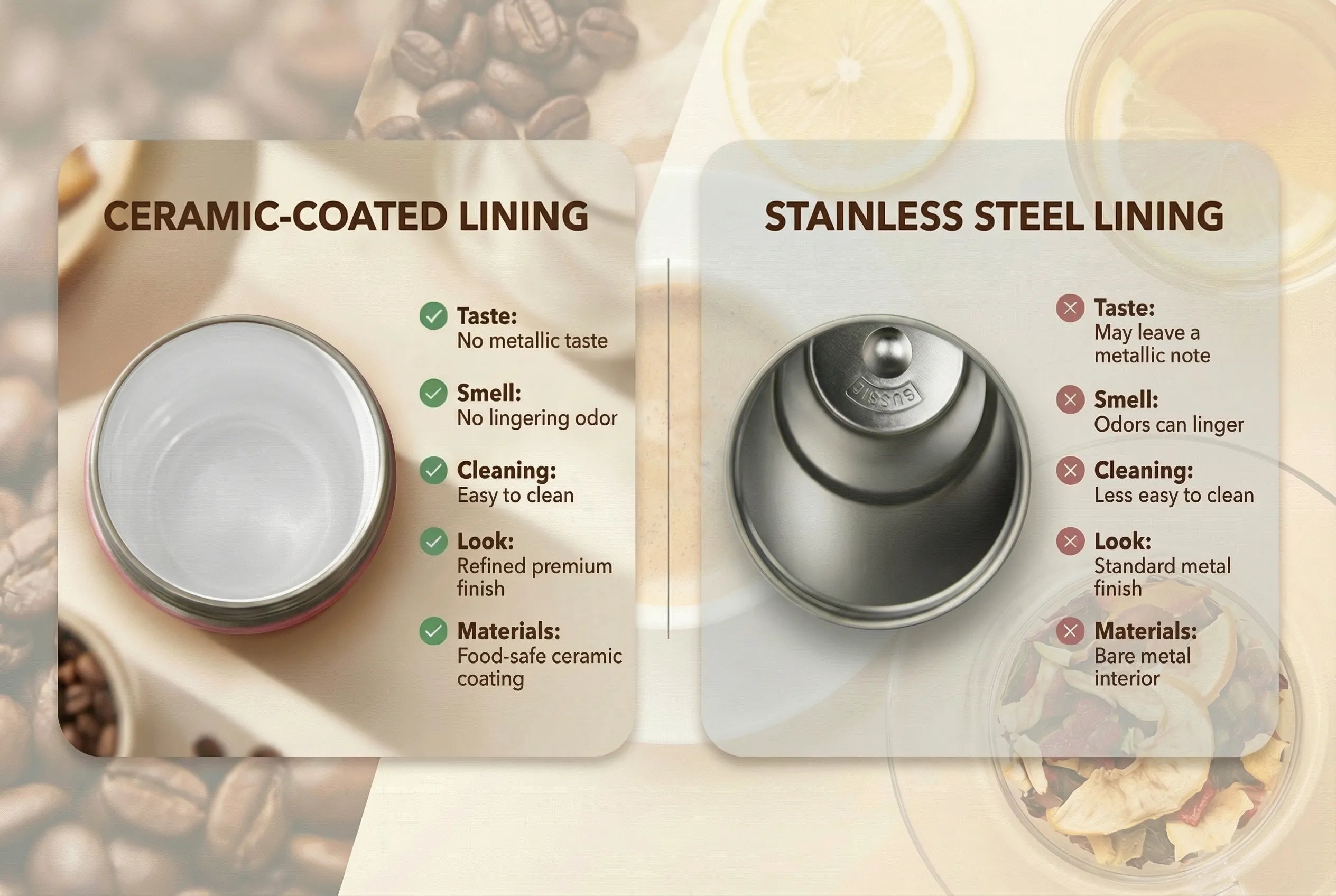 Comparison chart of Sportive Lives ceramic-coated lining versus stainless steel lining for Mini Coffee Mug interior performance