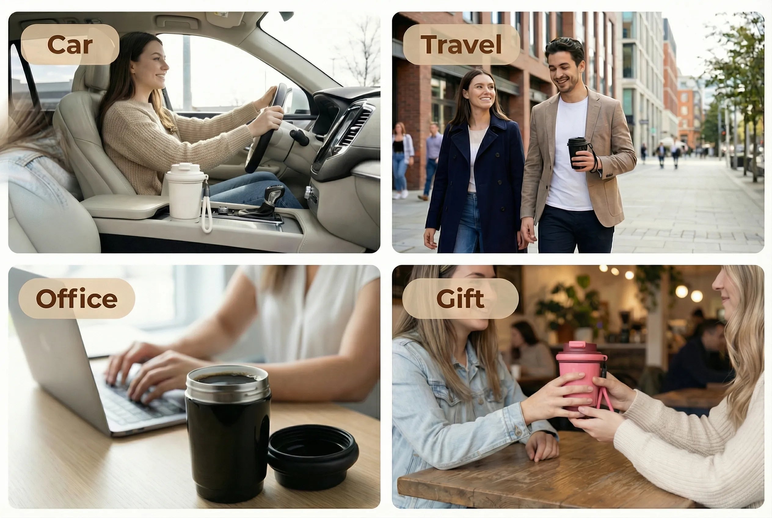 Sportive Lives Mini Coffee Mug lifestyle collage showing use in car, travel, office, and gift moments