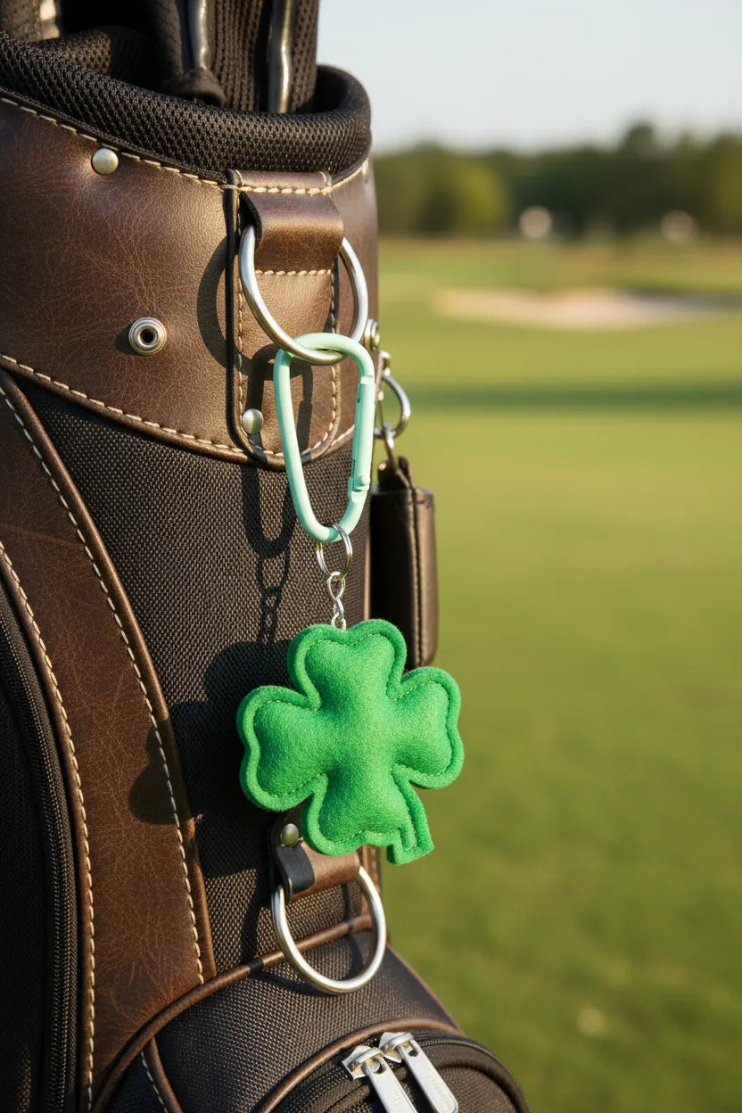Mint green decorative carabiner clipped to a golf bag, holding a felt shamrock charm—sports gear accessory and keychain clip by Sportive Lives, Canada; decorative use only.