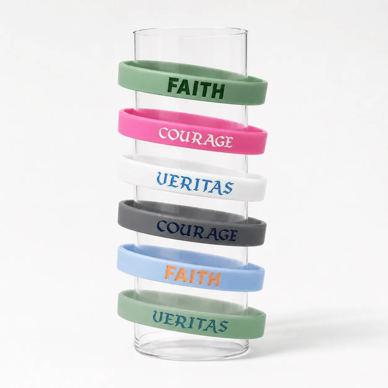 Color collection of FAITH COURAGE and VERITAS motivational silicone wristbands