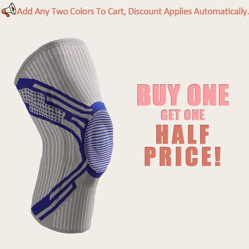 Sportive Lives knee support in royal blue and grey – targeted compression design, second item half price, available in Canada