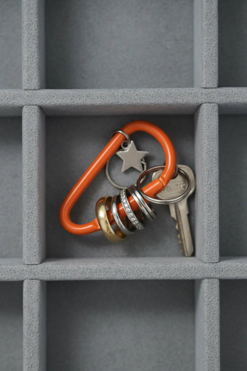 Orange decorative carabiner holding keys and stacked rings in a gray jewelry tray—EDC keychain clip and bag charm by Sportive Lives, Canada; decorative only, non load-bearing.
