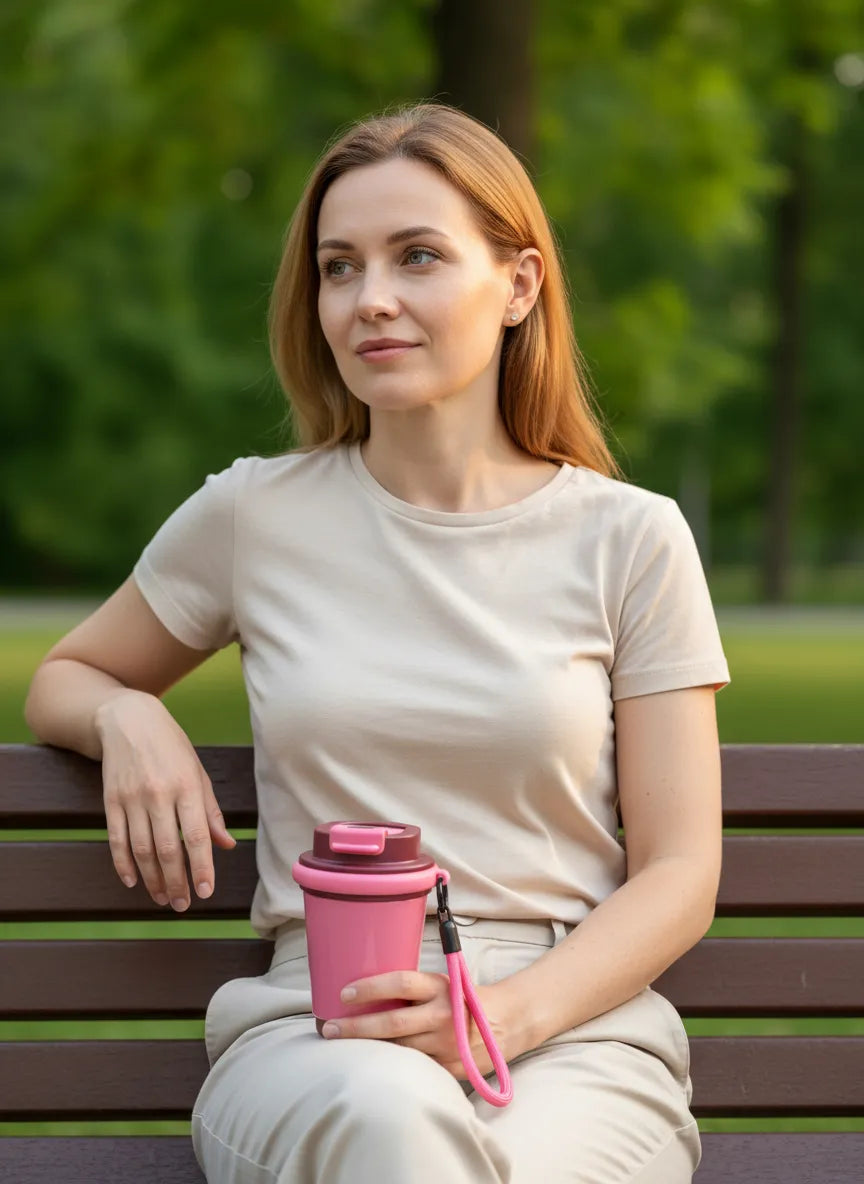 Sportive Lives black insulated travel coffee mug with wrist strap held by a woman in a blazer on a city street, Canada