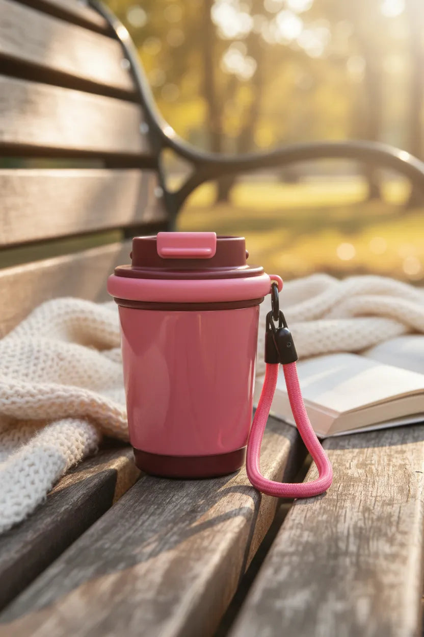 Sportive Lives pink travel cup with wrist strap on a wooden park bench beside a knit blanket and open book in Canada