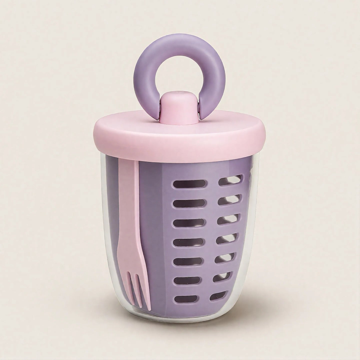 Sportive Lives portable salad cup in lavender and baby pink with built-in fork, clear outer cup, and easy-carry ring handle