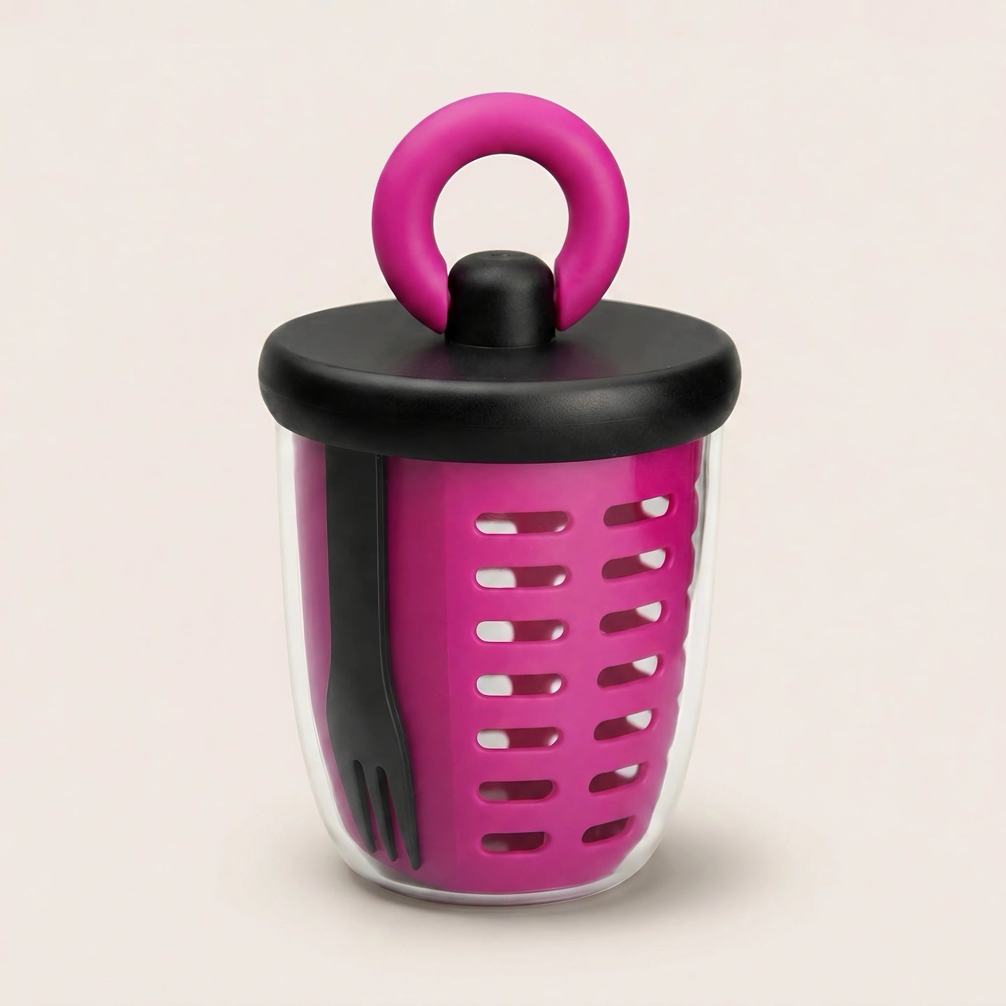 Sportive Lives portable salad cup in rose magenta and black with built-in fork, clear outer cup, and easy-carry ring handle