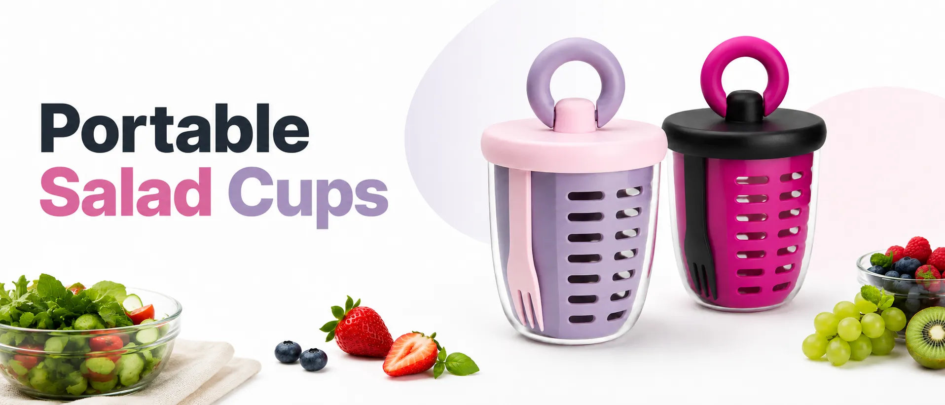 Sportive Lives Portable Salad Cups product banner featuring two color options with fresh salad, berries, grapes, and kiwi