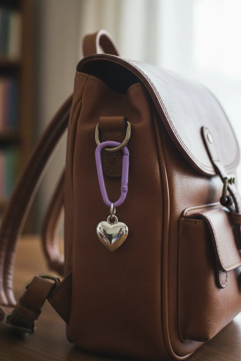 Purple decorative carabiner used as a bag charm on a brown leather shoulder bag, holding a silver heart pendant—stylish keychain clip by Sportive Lives, Canada; non-climbing accessory.