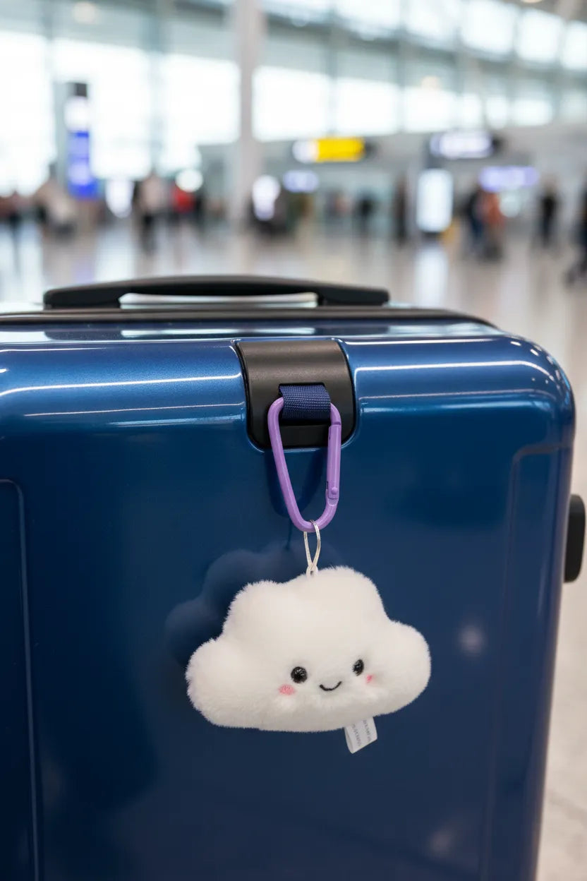 Decorative purple carabiner keychain attached to a blue suitcase handle, hanging a cloud plush at the airport—travel luggage charm and key clip by Sportive Lives Canada; not for climbing.