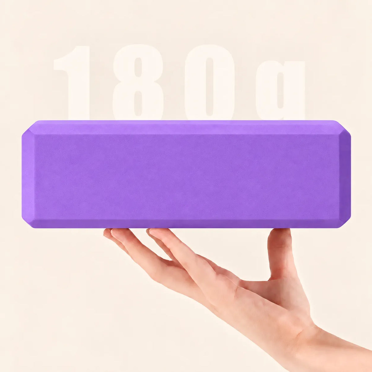 Violet EVA yoga block with an approximate 180 g weight callout