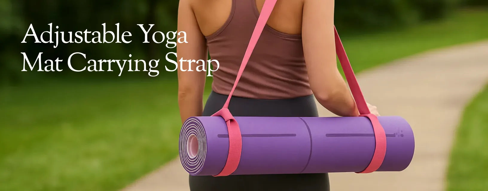 Woman carrying a purple yoga mat with the Sportive Lives Blush Pink adjustable strap outdoors; lightweight yoga mat sling for women in Canada.