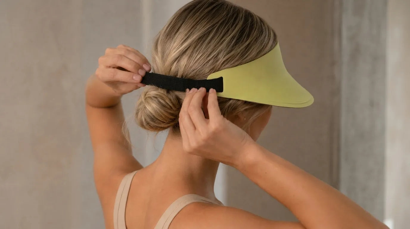 Woman adjusting the black back strap on a lime Sportive Lives reversible sun visor for a secure fit