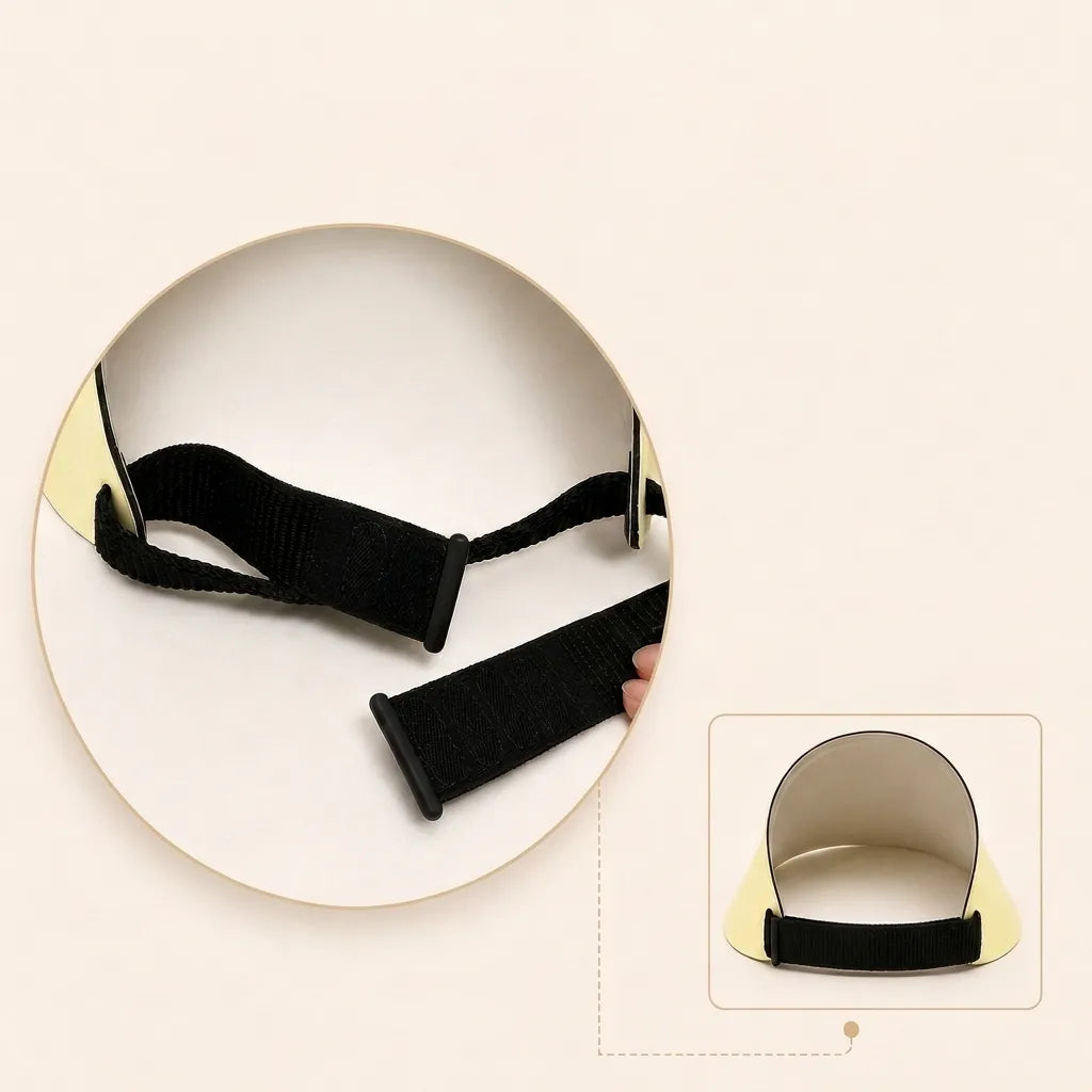 Close-up of the adjustable black Velcro strap on the Sportive Lives reversible sun visor