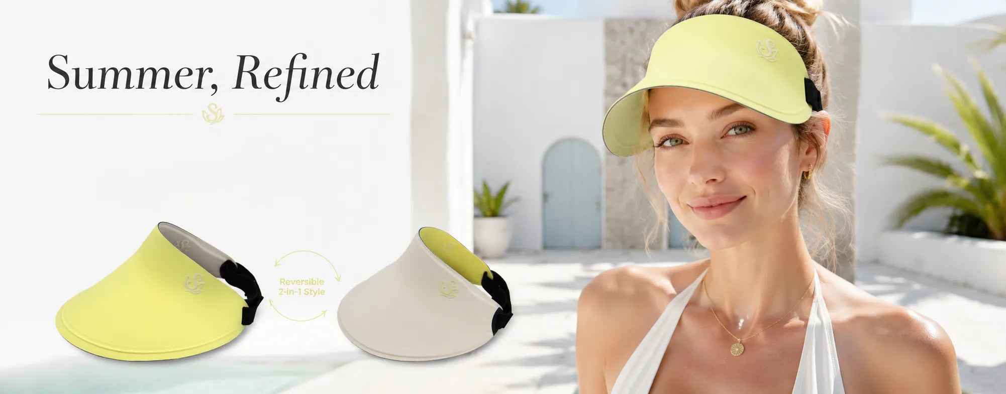Summer banner showing Sportive Lives reversible sun visor in lime and ivory with refined outdoor styling