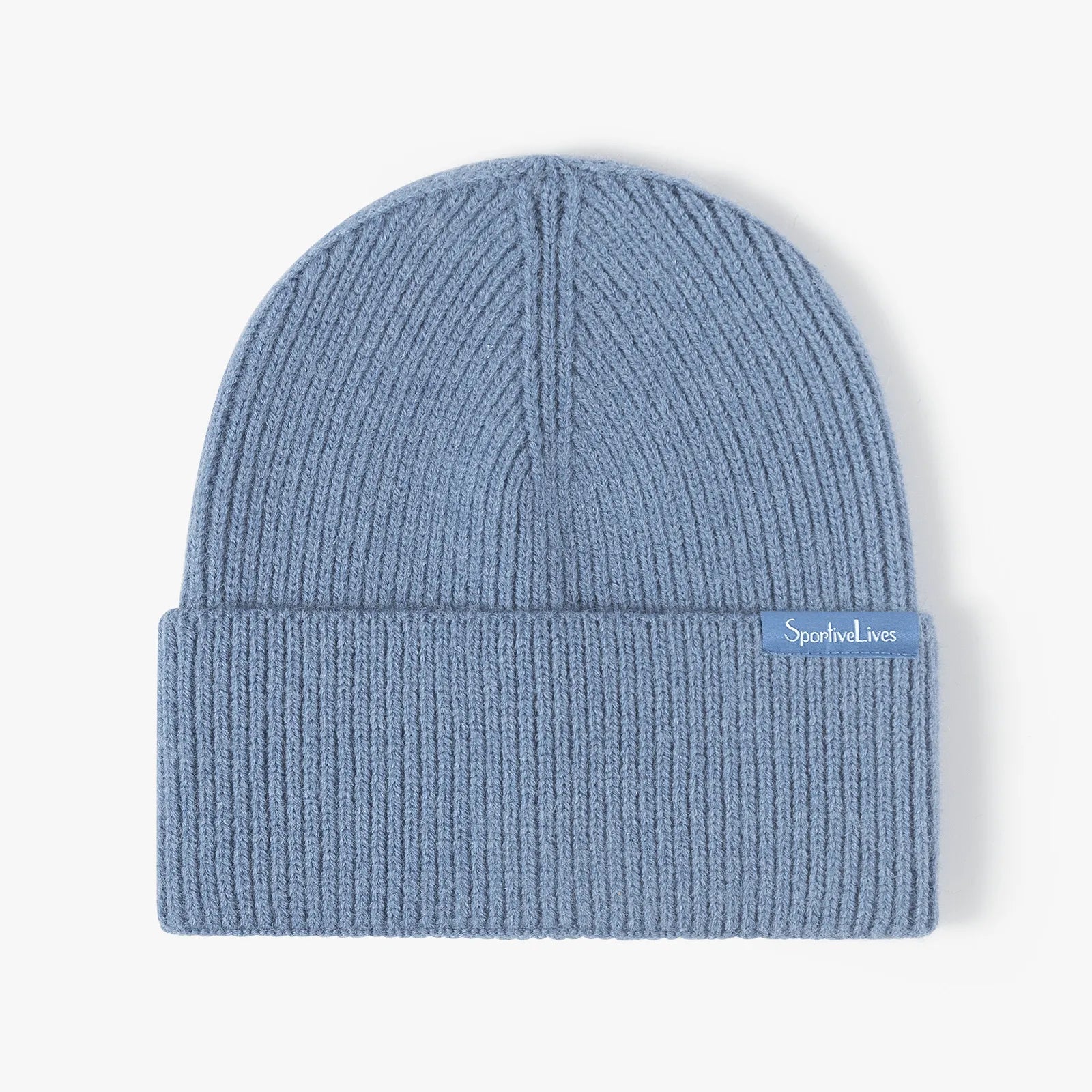 Dusty blue rib-knit cuffed beanie (toque) by Sportive Lives, soft acrylic blend, unisex one size 56–58 cm winter hat.