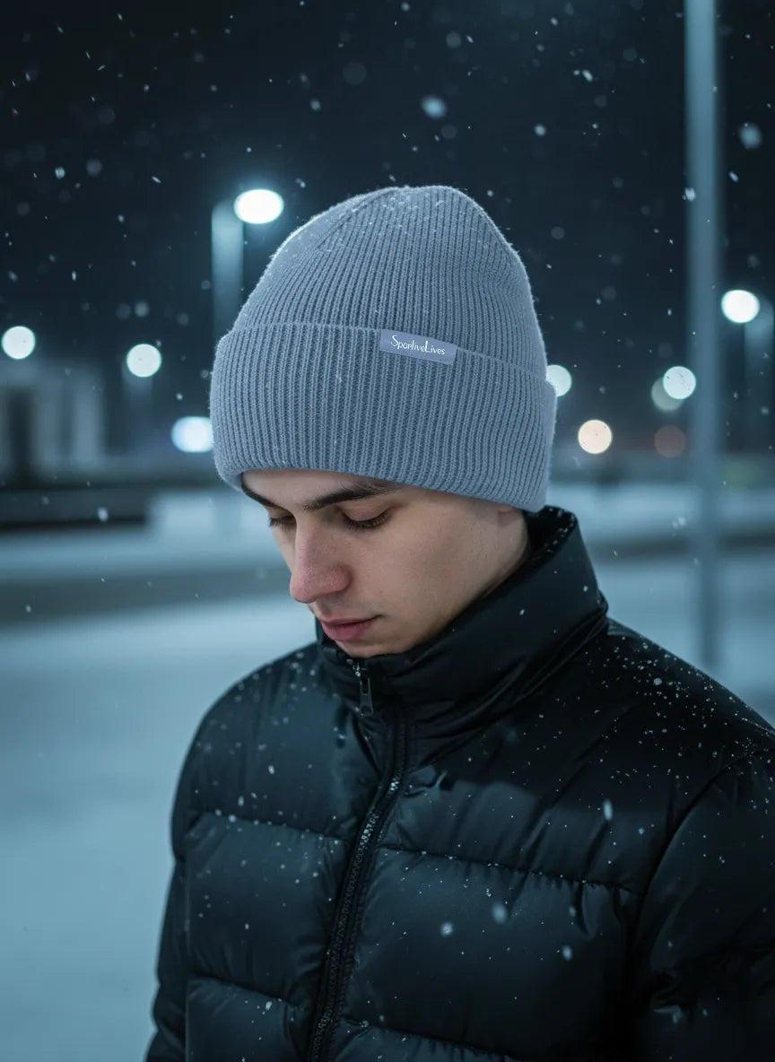 Night snowfall—man in a dusty blue rib-knit cuffed beanie by Sportive Lives with a puffer jacket; warm acrylic-blend winter hat, one size 56–58 cm.