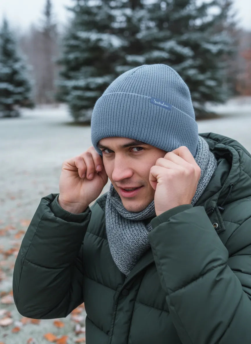 Man in a dusty blue rib-knit cuffed beanie by Sportive Lives, adjusting the hat in a frosty park; cozy winter knit cap, unisex 56–58 cm.