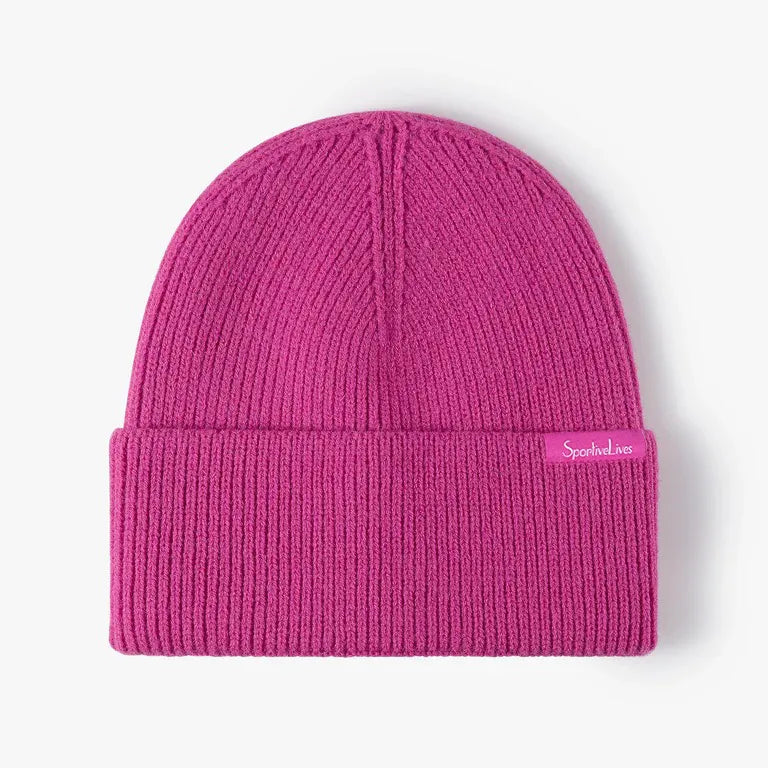 Fuchsia pink rib-knit cuffed beanie by Sportive Lives, cozy stretch acrylic blend, unisex one size 56–58 cm winter hat.
